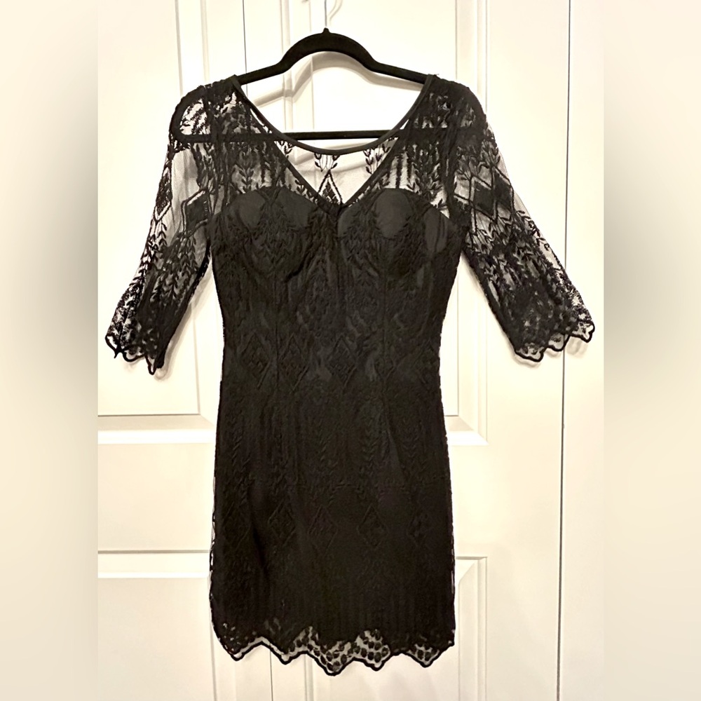 Midnight Navy Lace Cocktail Dress Quarter Length Sleeves